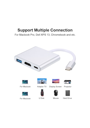 Maiyame Usb 3.1 Type-c'den Usb 3.0/ Hd/ Type-c Hub'a Usb-c 3'ü 1 Arada Adaptör Dongle Dock Kablosu Macbook Uyumlu Pro, Dell Xps 13 İçin Yedek