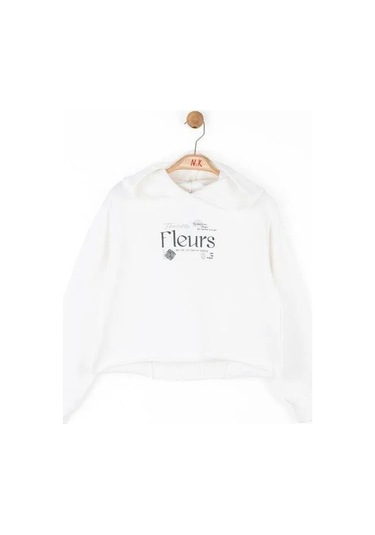 Kız Çocuk Pamuklu Sırtı Tirko Detaylı Fleurs Sweatshirt-14790 Ekru