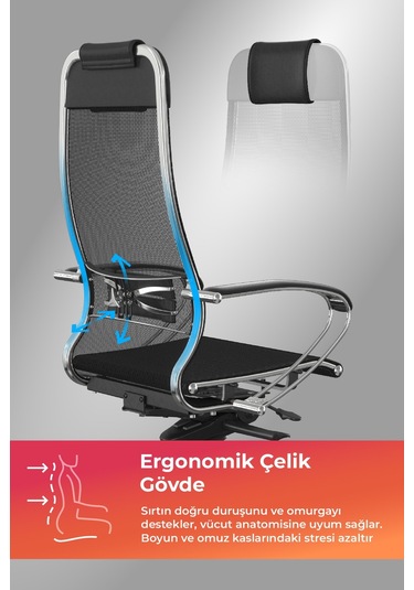 Samurai Ergonomik Koltuk Bel Destekli, Tekerlekli, Krom Ayaklı, Siyah, Fileli Yönetici Koltuğu -5.2.1.49 Çok Renkli