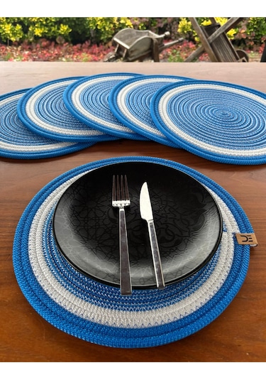 6 Lı Yuvarlak Supla Takımı Kolay Temizlenebilir, Modern Sofralar İçin Beyaz - Mavi