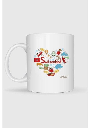 İsviçre Ülkesi Ve Kalp Logo Baskılı Kupa Bardak Beyaz