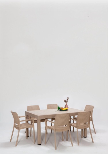 Rattan Lüx Dikdörtgen Masa Takımı 1 Masa + 6 Sandalye Cappucino Bahçe Balkon Teras Cappucino