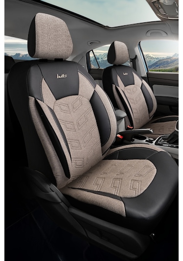 Bej - Siyah Butti Bello Serisi Keten Kumaş Premium Oto Koltuk Kılıfı Ortopedik Destekli, Ön Arka Tam Set