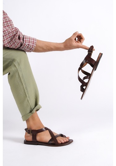 Sur Sandalet El Yapımı Kösele Erkek Bodrum Sandalet Kahverengi
