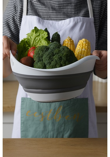 Yer Kaplamaz Katlanabilir Pirinç Bakliyat Ve Yıkama Süzgeci - Meyve Sebze Yıkama - Akordiyon Kap Beyaz - Gri