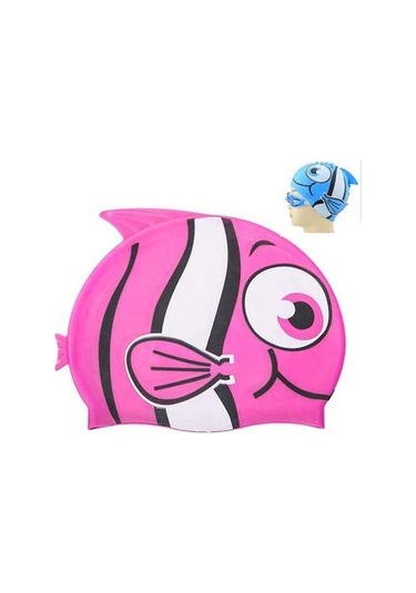 Dm Küçük Balık Desenli Çocuk Dalış Şapkası - Silikon Yüzme Kulak Koruma Şapkası D Pembe