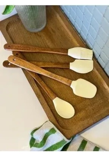 Bambu Saplı Silikon Mutfak Gereç Seti 4'lü Kahverengi