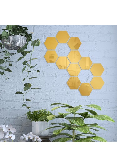 Qingmipy 12 Adet Çıkarılabilir Dekoratif Ayna Çıkartması - Yatak Odası, Banyo Ve Salon İçin Dıy Hexagon Duvar Sticker Altın