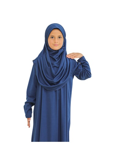 İki Parça Çocuk Elbisesi Seti Eşarp İle Takım Lacivert