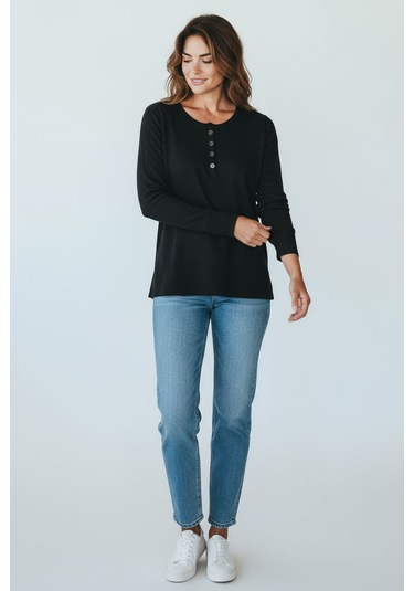 Kadın Yaka Düme Detaylı Mevsimlik Bluz Siyah