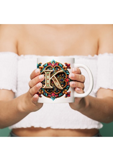 K Harfi Boho Bardak, Renkli Özel Tasarım Hediyelik Harfli Kupa, 330ml Porselen Beyaz