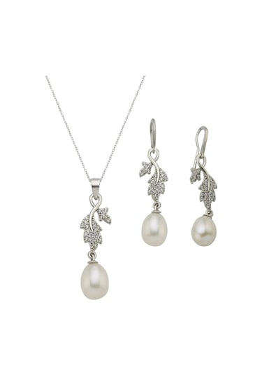 8,5 Mm Yaprak Taşlı Doğal İnci Sallantılı Küpe Kolye İkili Set