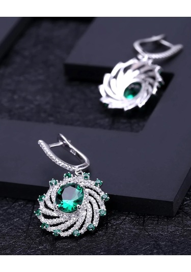 Brezza Lusso Jewelry Zümrüt Oval Taşlı Luxury Vintage Kadın Gümüş Kolye Küpe Set