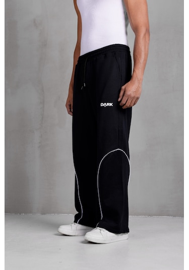 Dark Moda Erkek Oval Şeritli Baskılı Yazlık Baggy Eşofman Siyah