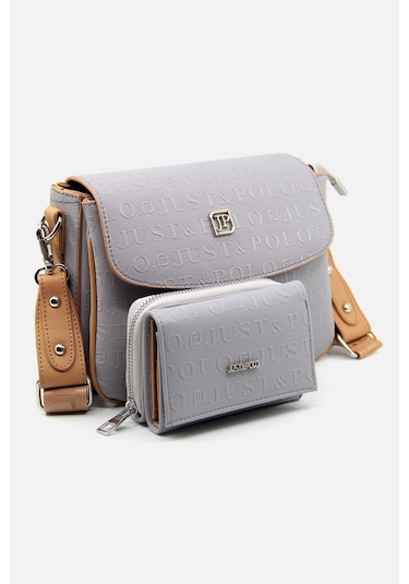 Just Polo Yeni Sezon Kolon Askılı 4 Bölmeli Kadın Omuz Çantası Ve Cüzdan Kombini Pbu217402 Gri Taba Gri -Taba