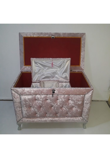 Çeyiz Sandık Kapitone  Model 3lü Set Pembe Kadife Kumaş İçi Kırmızı Tela Kutu Sevk El Yapım