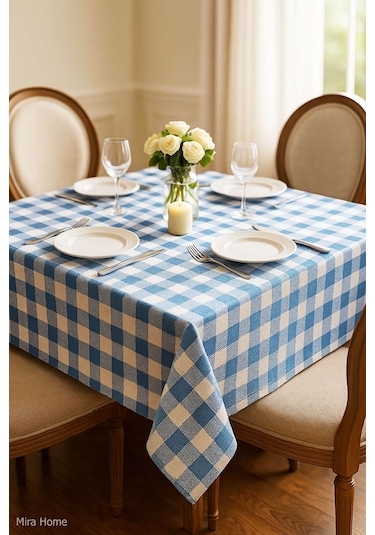 Mira Home Kareli Masa Örtüsü Sofra Bezi 160x160 Cm Happytime Turkuaz