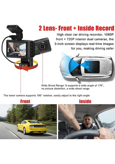 Novahub 1080p Dvr Çift Kamera Dash Kamera, Ön-iç, 3 Ekran, 170 Geniş Açılı, Gece Görüş, G-sensörü, Döngü Kaydı, Ses Kaydı