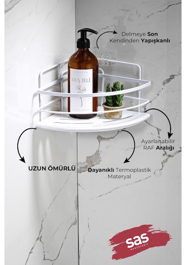 2’li Kancalı Yapışkanlı Banyo Duş Köşe Rafı – Ayarlanabilir Kristal Raf (Yapıştır/Vidala) Beyaz-Beyaz - LK-01 - BB