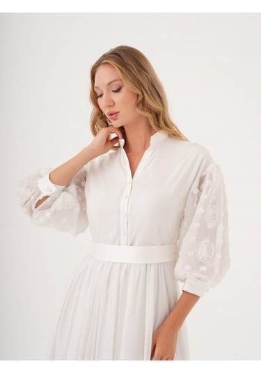 Dantel Detaylı Kemerli Şifon Gömlek Elbise Ekru