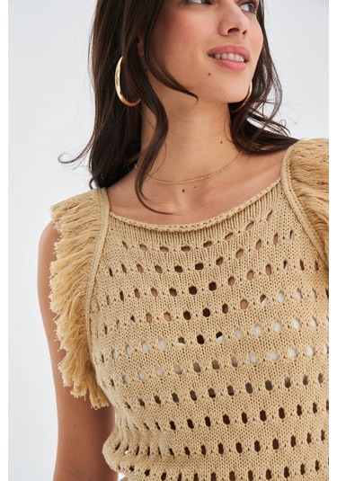 Peraluna Mıyokı Dress %100 Pamuk Diz Hizası Yazlık Kadın Triko El Bej