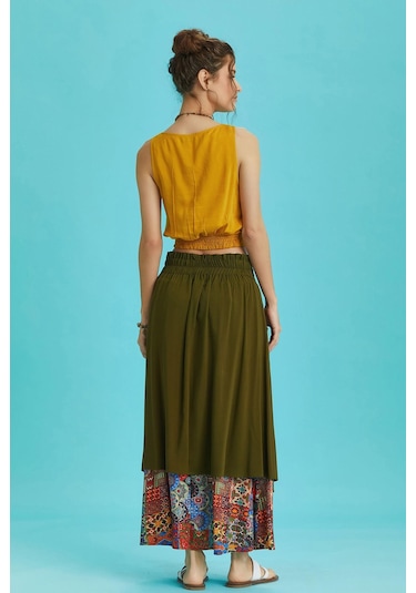 Düğme Detaylı Beli Bağcıklı Cepli Desenli Etek Turuncu