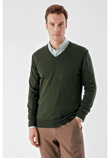 Morven Erkek Haki Basic V Yaka Dynamic Fit Rahat Kesim Triko Haki