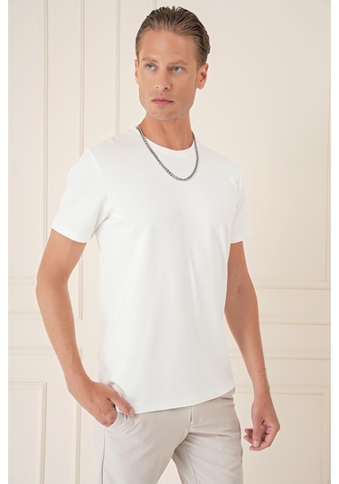 Comfort Fit Bisiklet Yaka Esnek Pamuk Casual Ekru Tişört Ts 885 Ekru