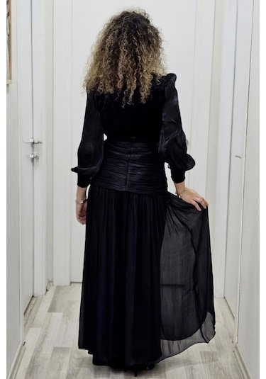 Çiçek Detaylı Çıkarılabilir Etekli Kadife Abiye 2752-siyah Siyah