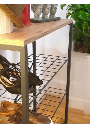 5 Metal Raflı Ahşap Tablalı Dresuar Salon Sehpa Ve Ayakkabılık Siyah