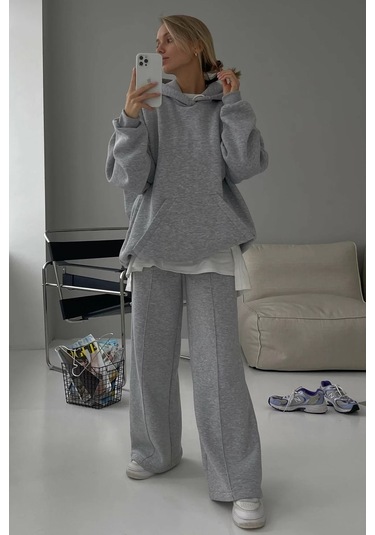 Madmext Grimelanj Kapüşonlu Şardonlu Oversize Sweatshirt Mg1566 Gri Melanj