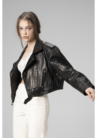 Dericlub H.quınn Crop Biker Kadın Deri Mont