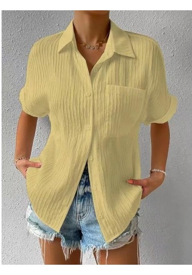 Kadın Cep Gömleği Düz Renk Günlük Yaka Gömleği Dikey Çizgili Üst Sarı