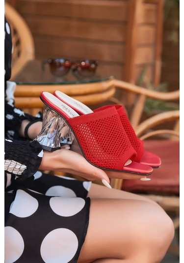 Akva Kırmızı Triko Şeffaf Topuklu Kadın Terlik Kırmızı