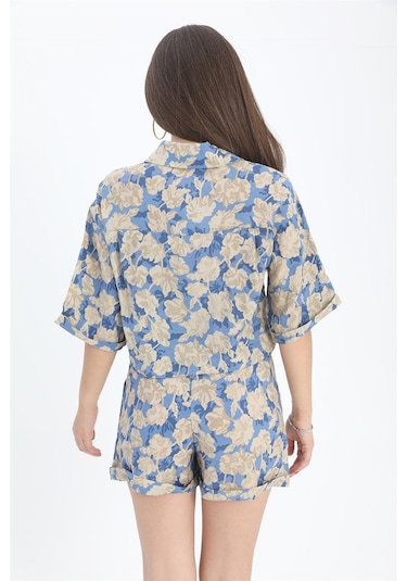 Gömlek Baskılı Kolu Duble Katlamalı - Mavi-mavi Mavi