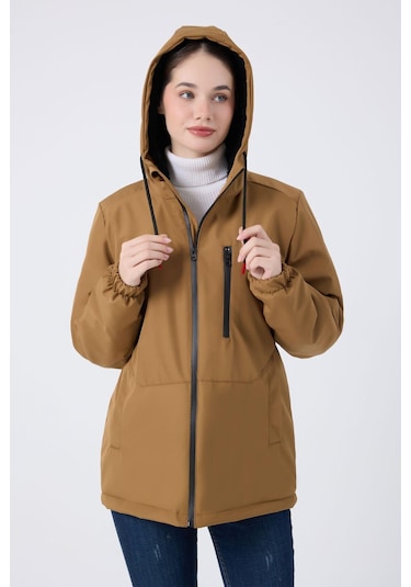 Kadın Kürklü Su Ve Rüzgar Geçirmez Kapüşonlu Kışlık Mont & Kaban & Parka Taba