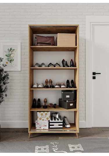 Sürgülü Çok Amaçlı Ayakkabı Dolabı, Ayakkabılık Meşe- Tamamı 1.