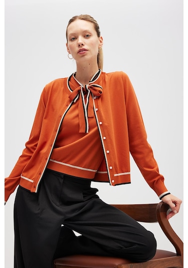 Peraluna Paris, Çizgi Detaylı Kadın Triko Hırka - Yanık Turuncu Yanık Turuncu