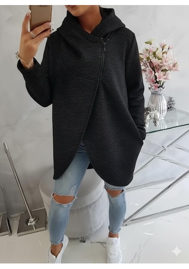 Kırçıllı Siyah Kadın 3 İplik Şardonlu Kapüşonlu Ceket Asimetrik Fermuarlı Oversize Füme