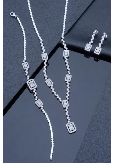 925 Ayar Gümüş Kadın Baget Taşlı Elegant Set