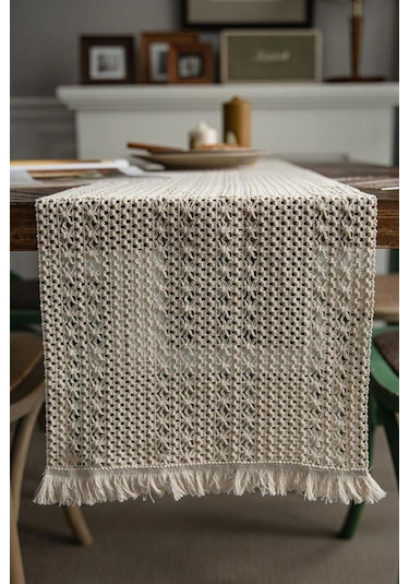 Vivamaison Ham Pamuk Örme Dantel Püsküllü Runner Masa Örtüsü Krem