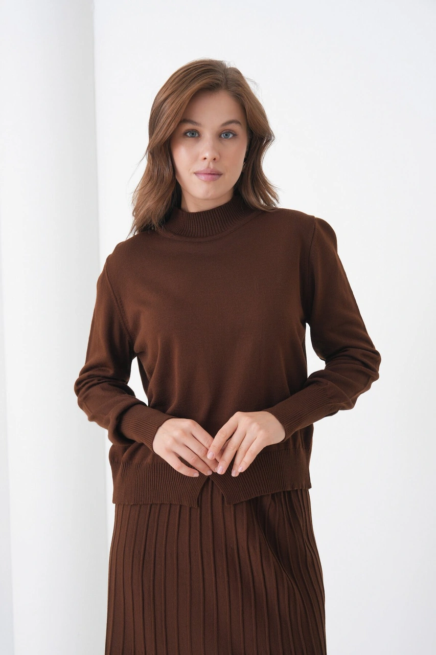 Kadın Pileli Etek Kazağı V Tasarım Tesettüre Uygun Örgü Triko Etek Kazak Takım Kahverengi