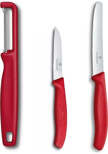 Victorinox Kırmızı Domates Soyacağı - 11 Cm Tırtıklı Domates Sebze Bıçağı - 8 Cm Düz Bıçak 3lü Set Kırmızı