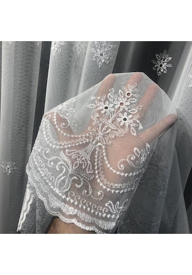 Tül Perde Grek Zemin Sedef Sim Işlemeli B14803 Ekru