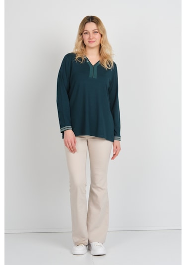 Detay Triko Kadın V Yaka Ve Yakası Taş Detaylı Uzun Kollu Anne Bluz 5711 Zümrüt Zümrüt