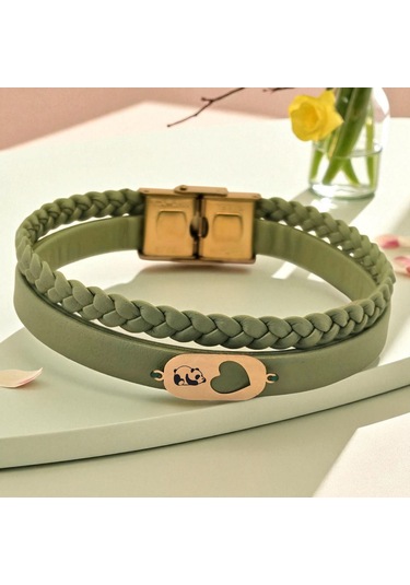 Archin Panda Temalı 14 Ayar Altın Plakalı Zeytin Yeşili Derili Kalp Motifli Hediye Bileklik-556sembol Panda