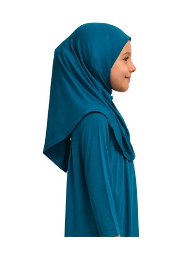 Penye Kendinden Başörtülü Çocuk Namaz Elbisesi Petrol Mavisi/ 6-7-8 Yaş Petrol