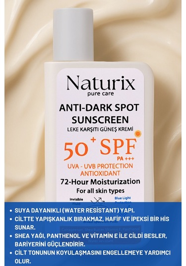 Leke Karşıtı Güneş Kremi Spf 50+ Pa+++ Uva-uvb Koruma 72 Saat Nemlendirme Water Resistant - 50ml