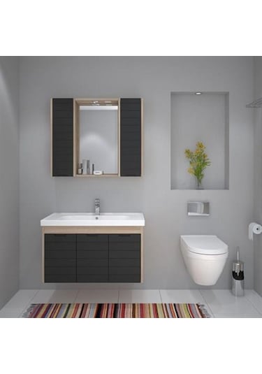 Denko Mostar 90 Cm Banyo Dolabı Takımı + Boy Dolabı-Siyah Çok Renkli