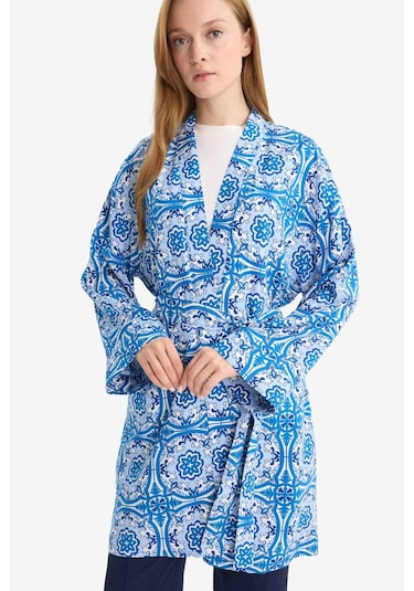 Defacto Relax Fit Bisiklet Yaka Desenli Viskon Kimono E7262ax25smbe43 Mavi